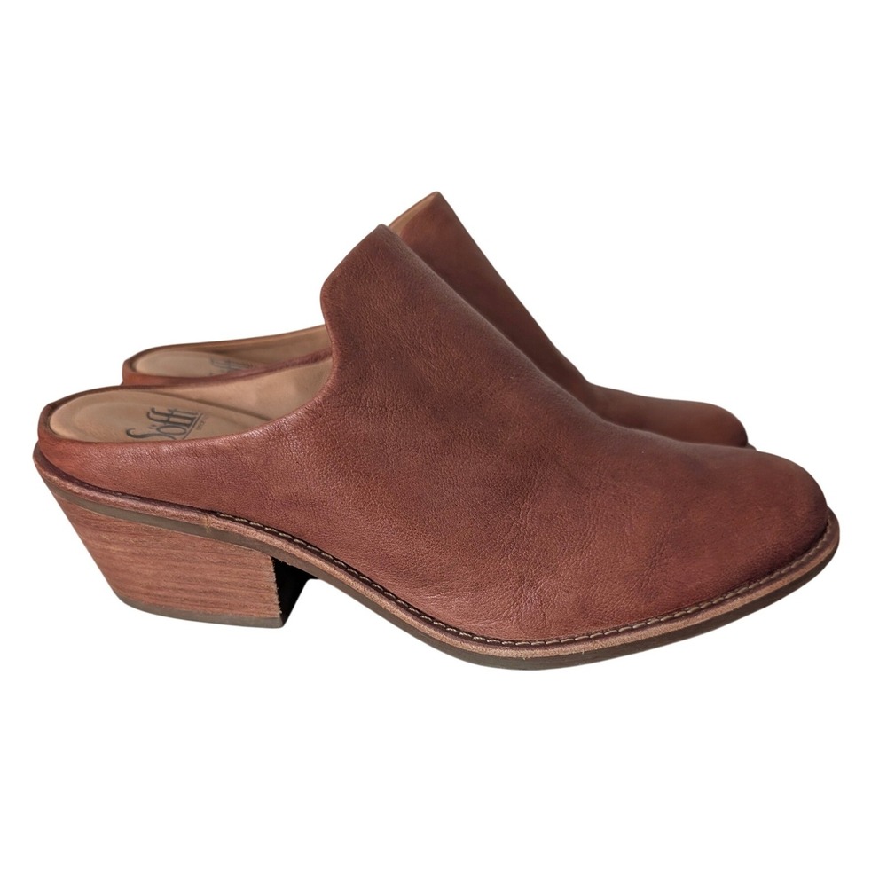 Sofft Brown Leather Mule Clog Women 8.5 Block Heel Slip On Comfort Shoe Minimal